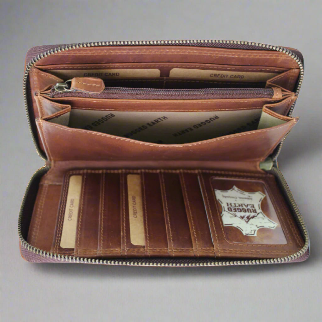 Portefeuille unisexe en cuir pleine fleur avec fermeture éclair Rugged Earth