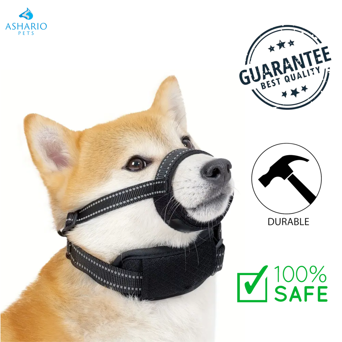 Ashario Pets - Reflective Safety Muzzle With Collar - Medium