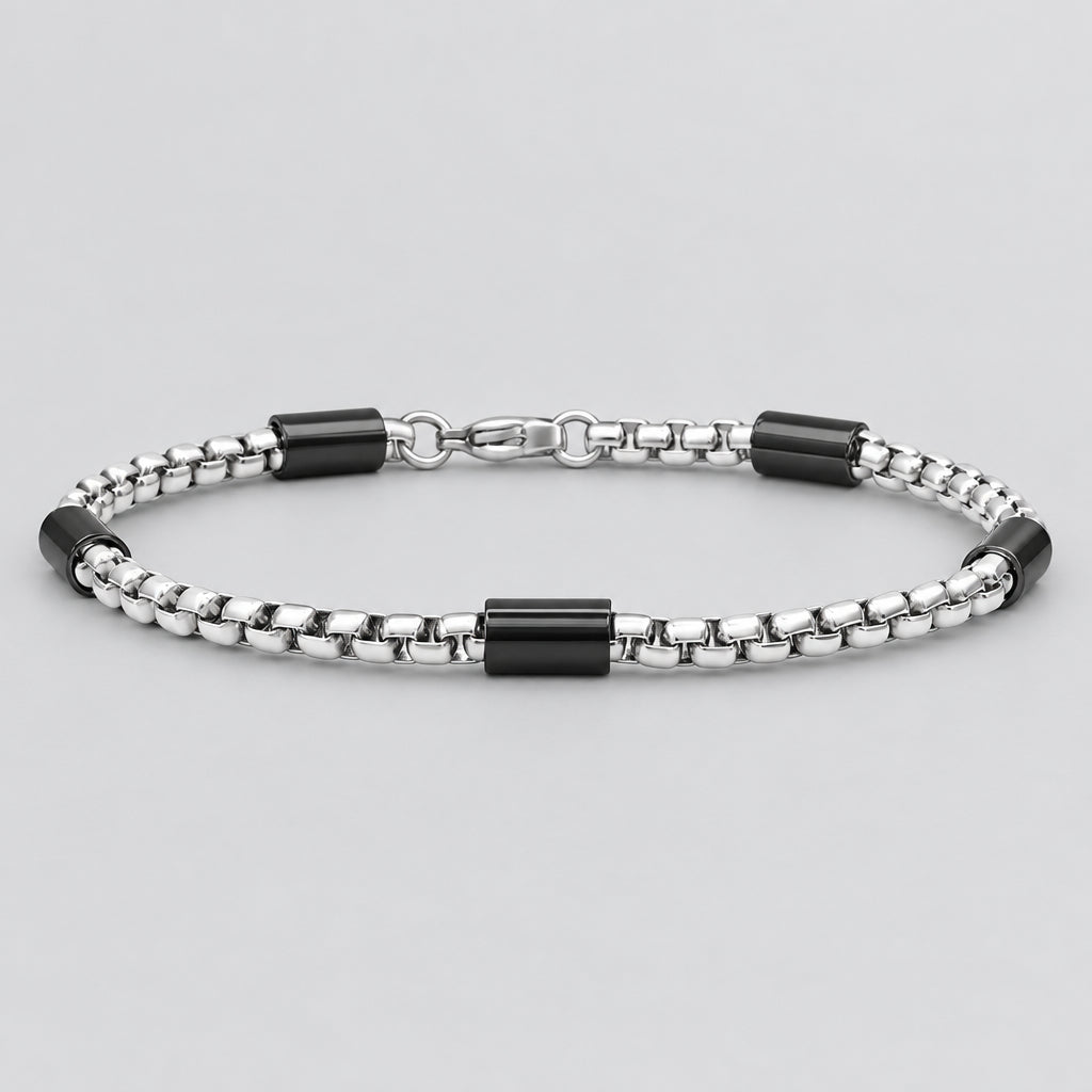 Bracelet en chaîne maille forçat et barres, bicolore noir et acier inoxydable, pour homme, SteelTime
