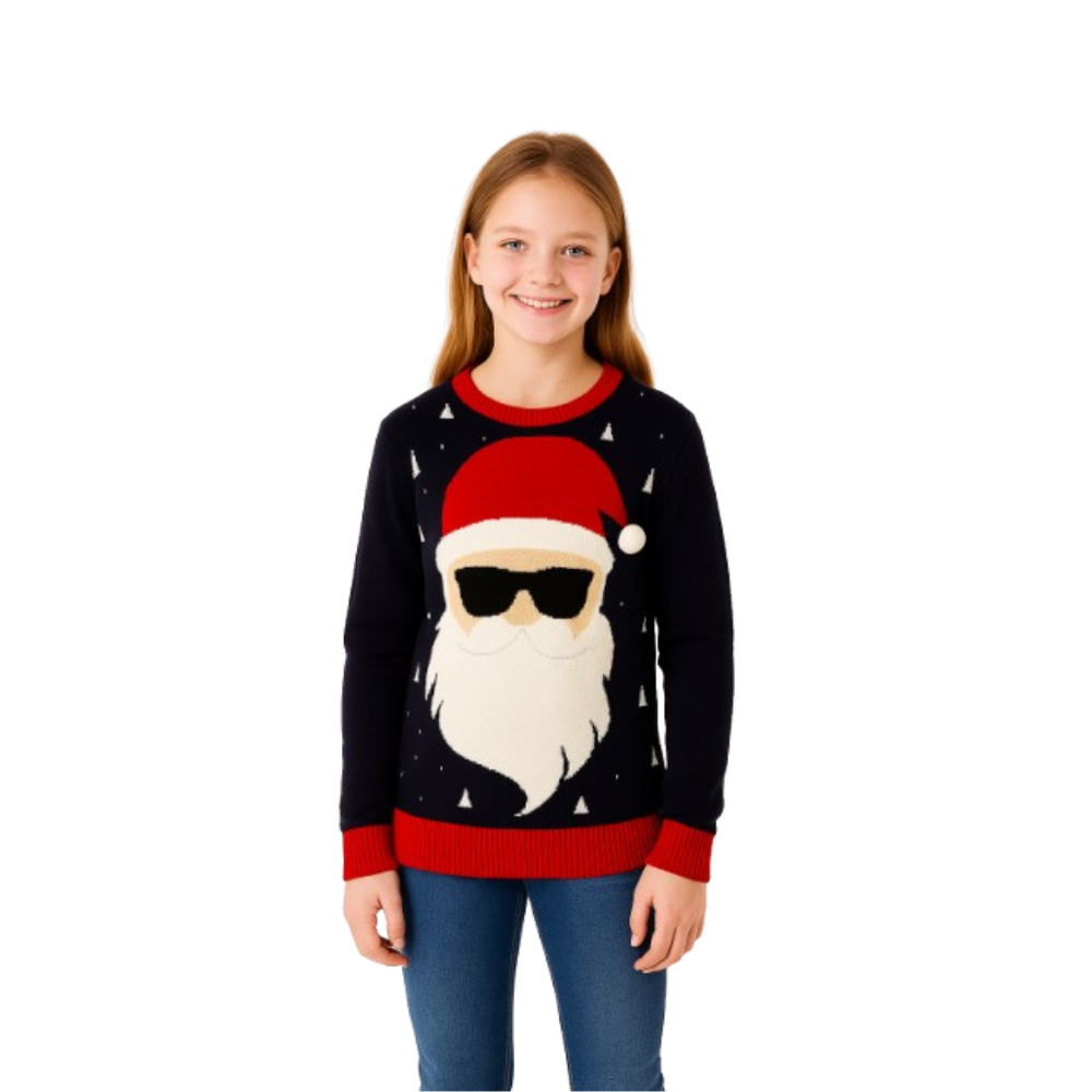Pull Fille Intelligente Père Noël avec Lunettes de Soleil et Pompon