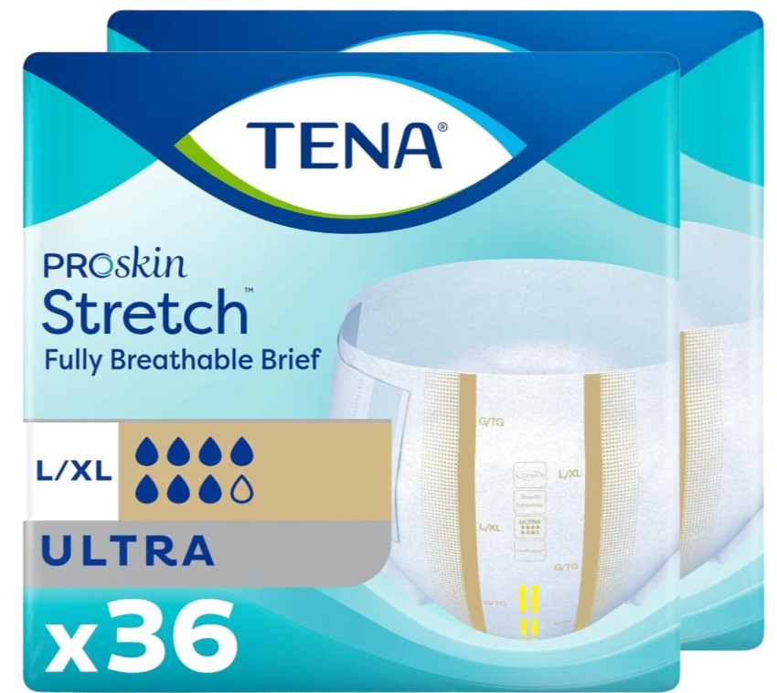 TENA Stretch Ultra Briefs | Large/XL | 2 Bags of 36 | 67803