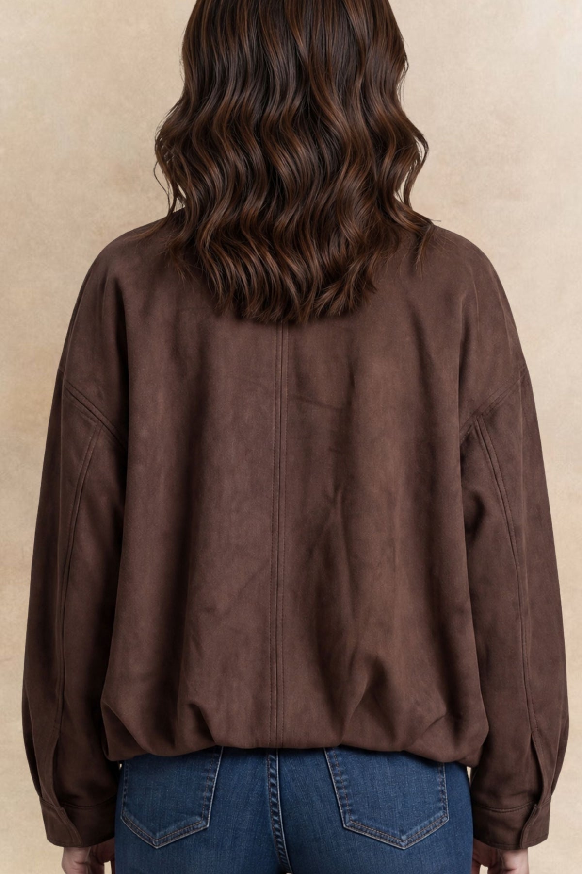Valerie Brown Faux Suede Zip Oversize Jacket