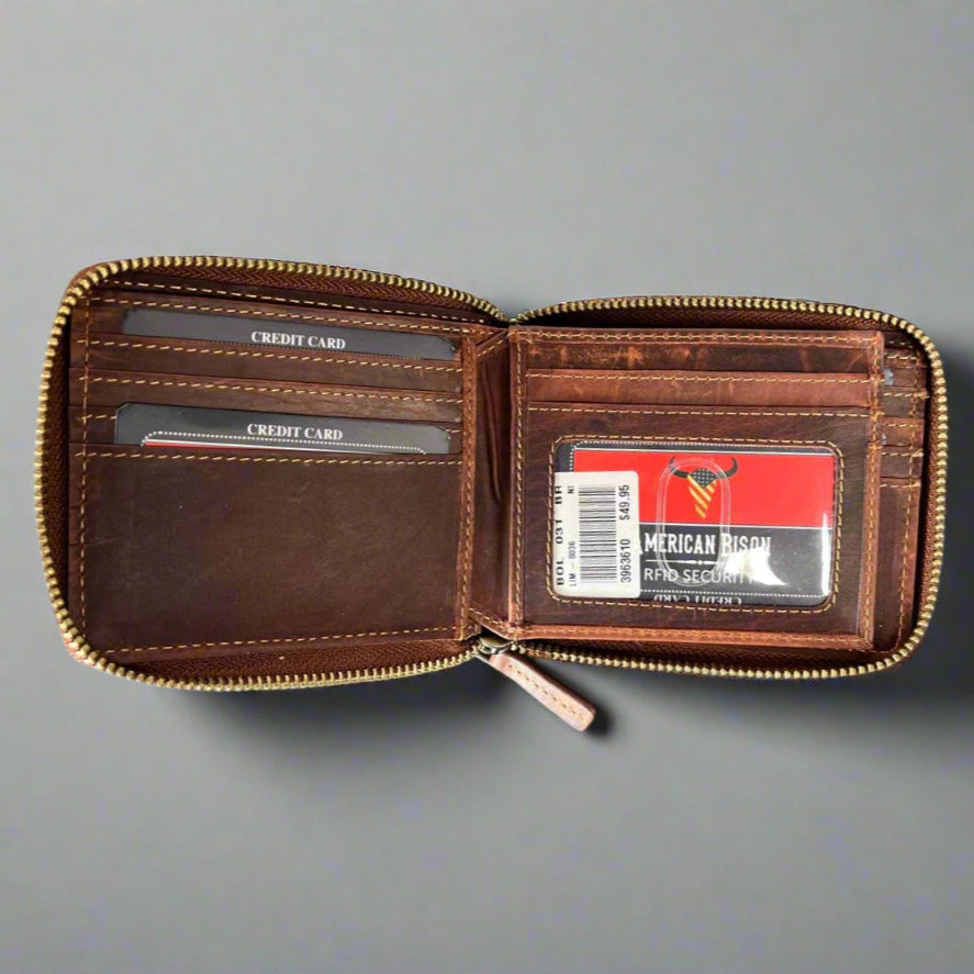 Portefeuille zippé en cuir de vache pour homme