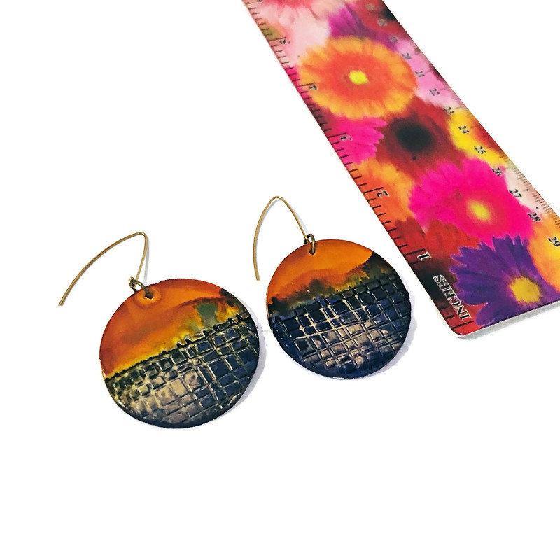 Grandes boucles d'oreilles pendantes rondes, Encre à alcool faite main – « Megan »