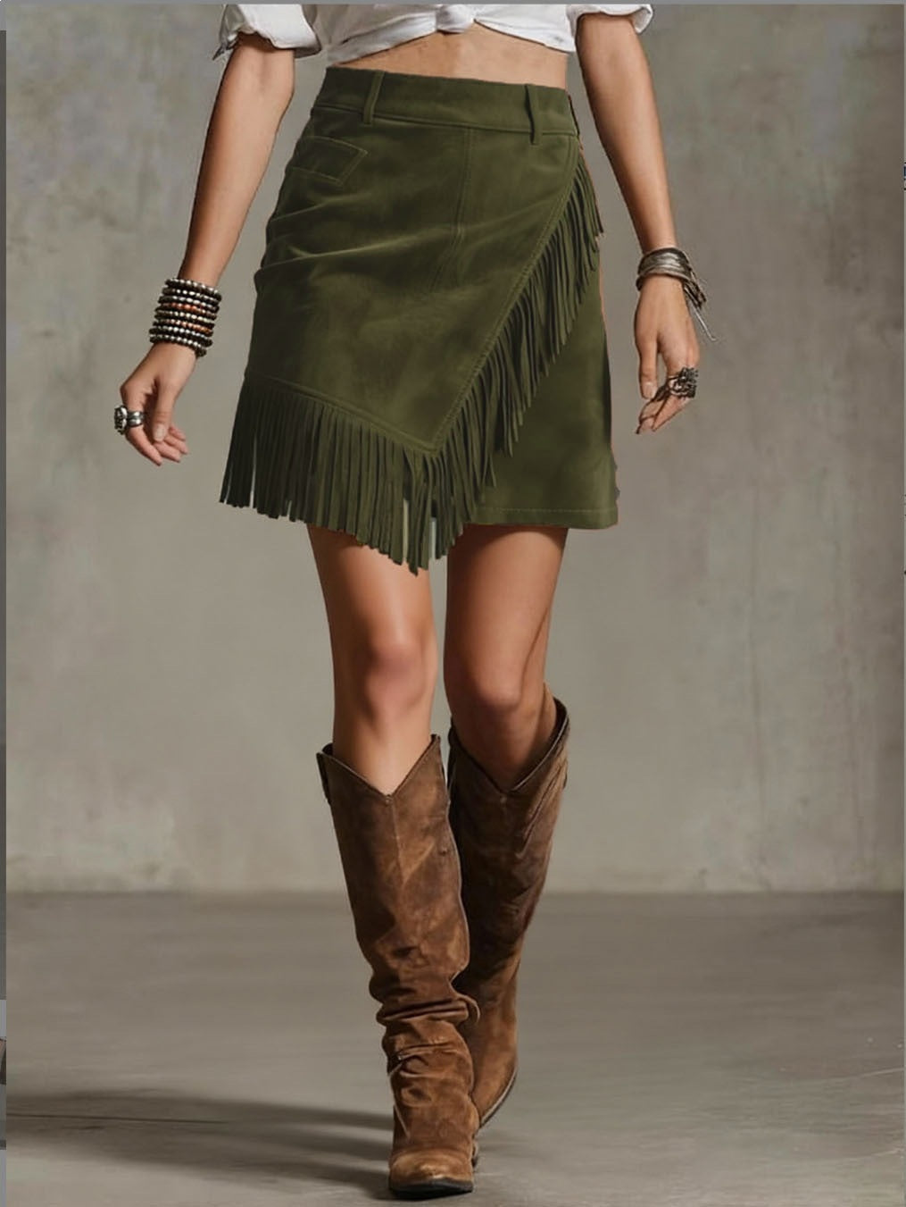 Jupe courte rétro style western en daim pour femme - Jupe moulante à franges