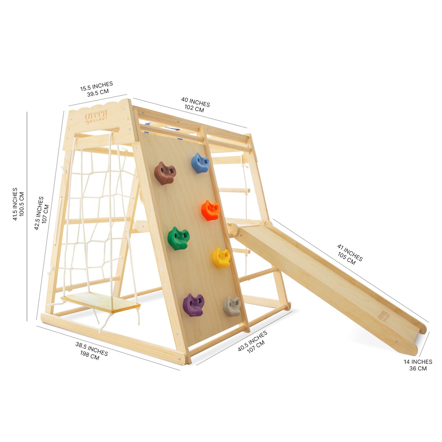 Portique d'escalade en bois 7-en-1 avec toboggan, filet d'escalade et balançoire pour enfants