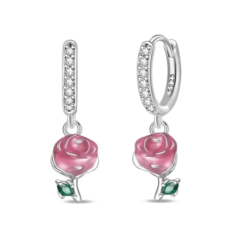 Boucles d'oreilles créoles en argent sterling Rose romantique avec accents verts