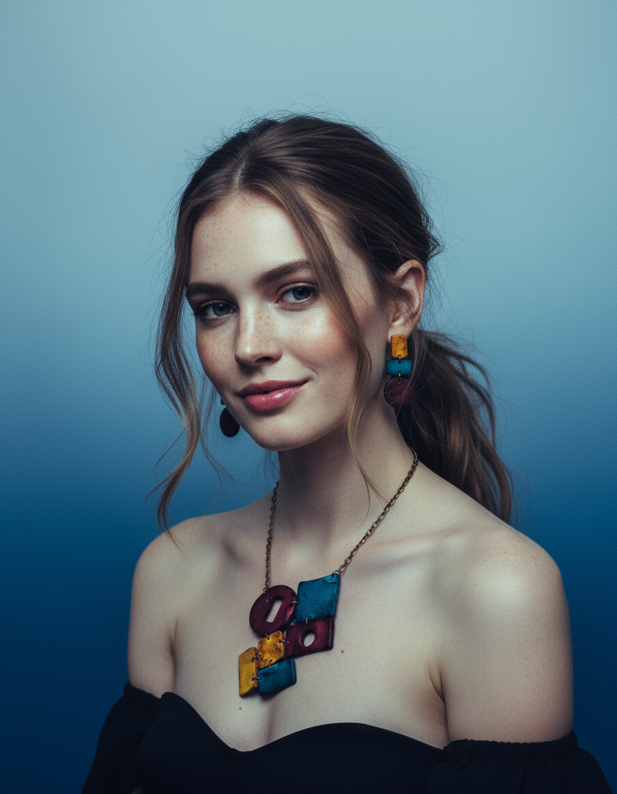 Collier géométrique original, Marron, Sarcelle & Jaune Moutarde, Fait main en argile polymère