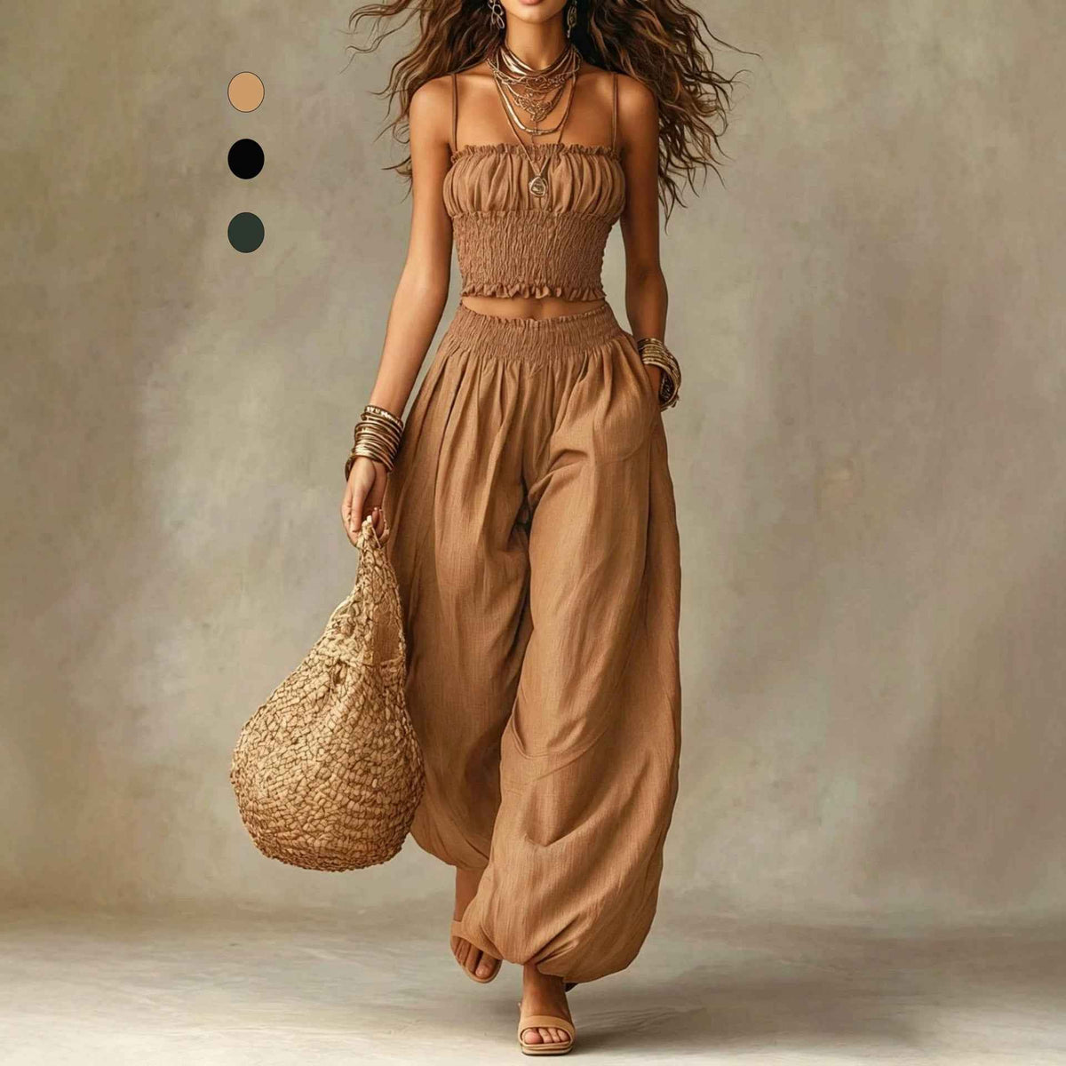 Ensemble deux pièces sans bretelles pour femme – Haut court et pantalon large à jambes ballons