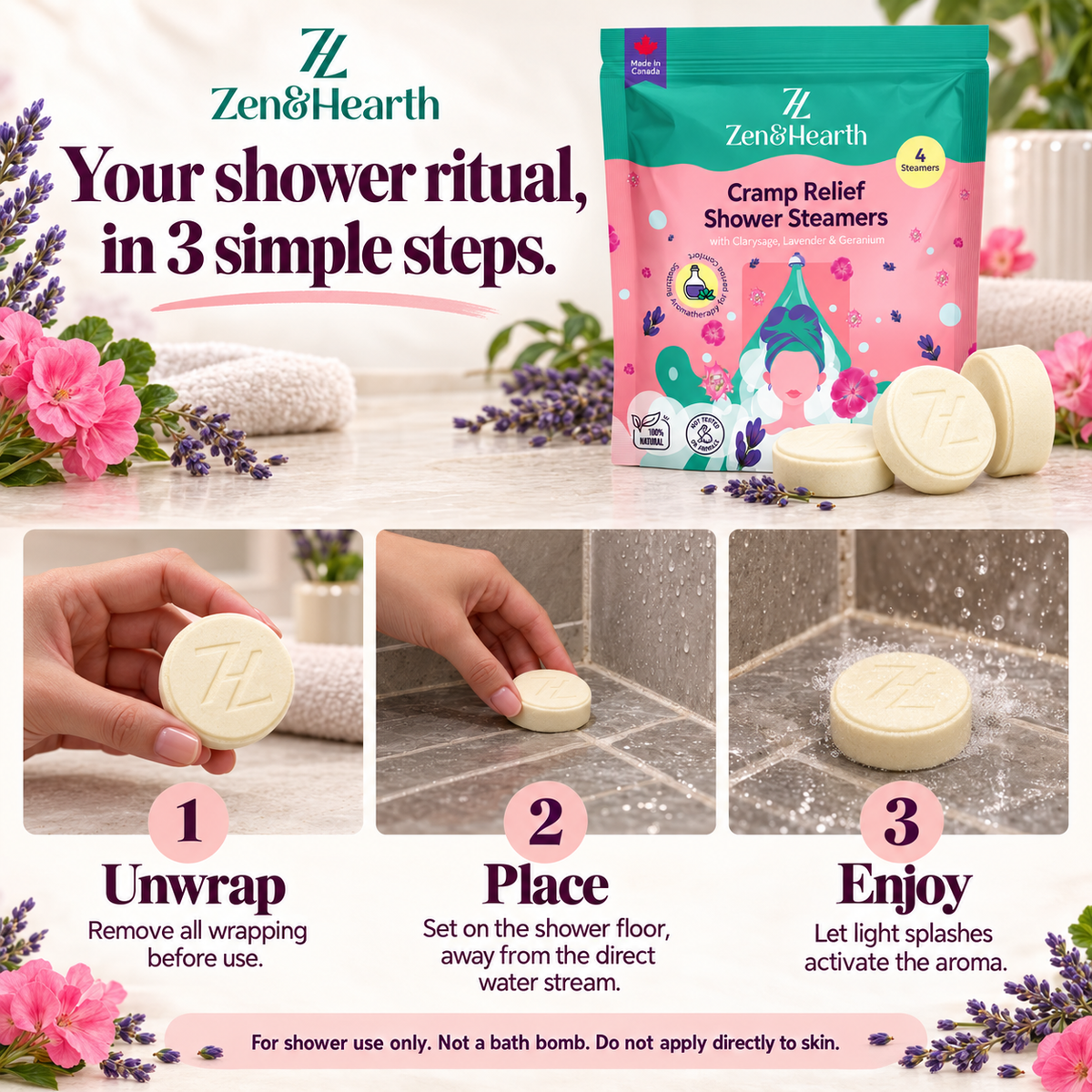Zen & Hearth Cycle Comfort Shower Steamers – Aromatherapy Self-Care with Clary Sage, Lavender & Geranium for Calming Cycle Day Rituals – Made in Canada