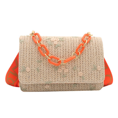 Petit sac bandoulière carré en paille pour femme avec chaîne en acrylique