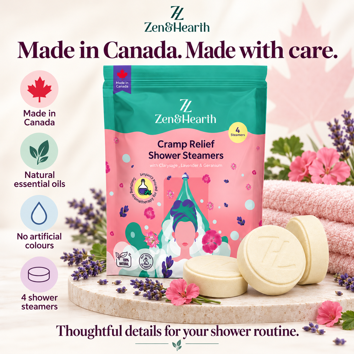 Zen & Hearth Cycle Comfort Shower Steamers – Aromatherapy Self-Care with Clary Sage, Lavender & Geranium for Calming Cycle Day Rituals – Made in Canada