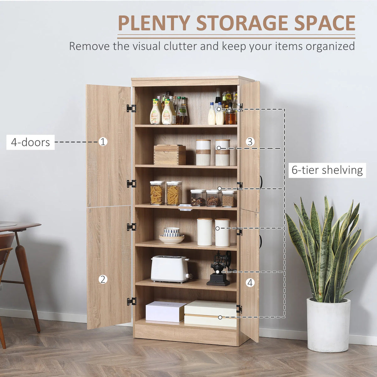 70-Inch Natural Storage Cabinet – 4-Door Freestanding Pantry with Adjustable Shelves (United States & Canada Delivery Only)