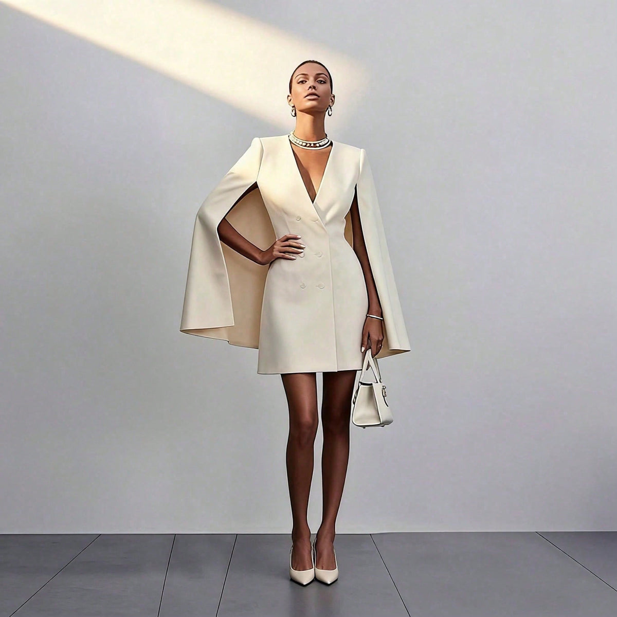 Robe blazer courte à cape élégante pour femme, robe habillée de luxe à double boutonnage, col en V, épaules structurées et manches cape fluides.