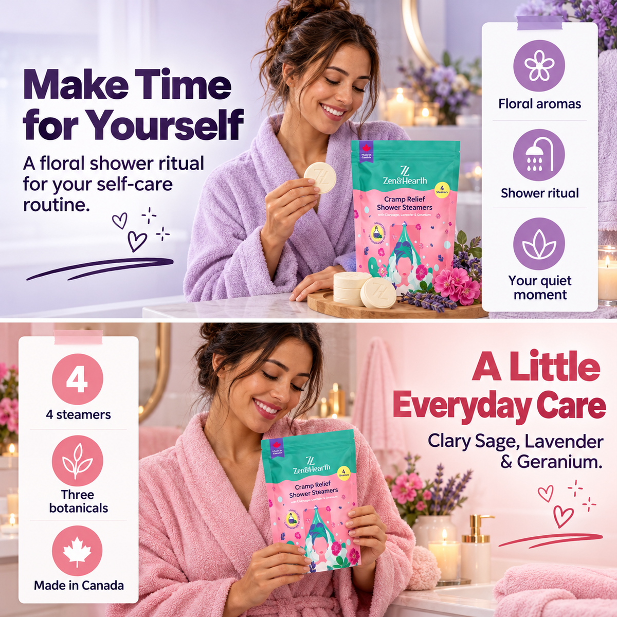 Zen & Hearth Cycle Comfort Shower Steamers – Aromatherapy Self-Care with Clary Sage, Lavender & Geranium for Calming Cycle Day Rituals – Made in Canada