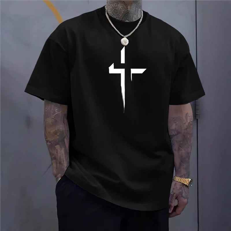 Haut décontracté à manches courtes pour homme, style streetwear, coupe ample, imprimé croix, design créatif