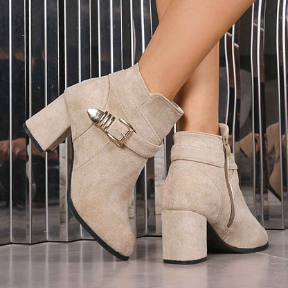 Bottines de combat à talons épais pour femmes – Bottines tendance automne et hiver, couleur unie, grandes tailles