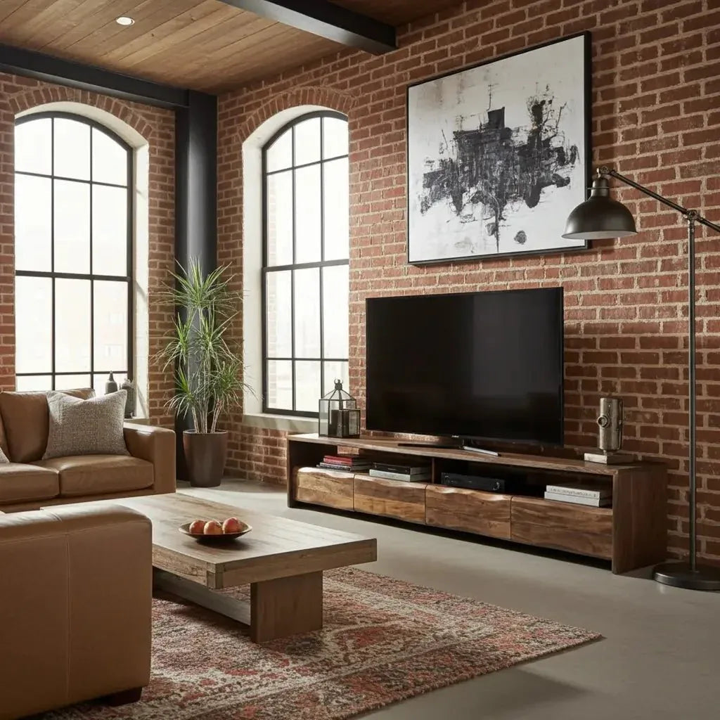 Meuble TV en acacia massif Live Edge (noyer) avec 4 tiroirs