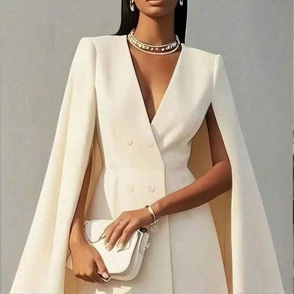 Robe blazer courte à cape élégante pour femme, robe habillée de luxe à double boutonnage, col en V, épaules structurées et manches cape fluides.