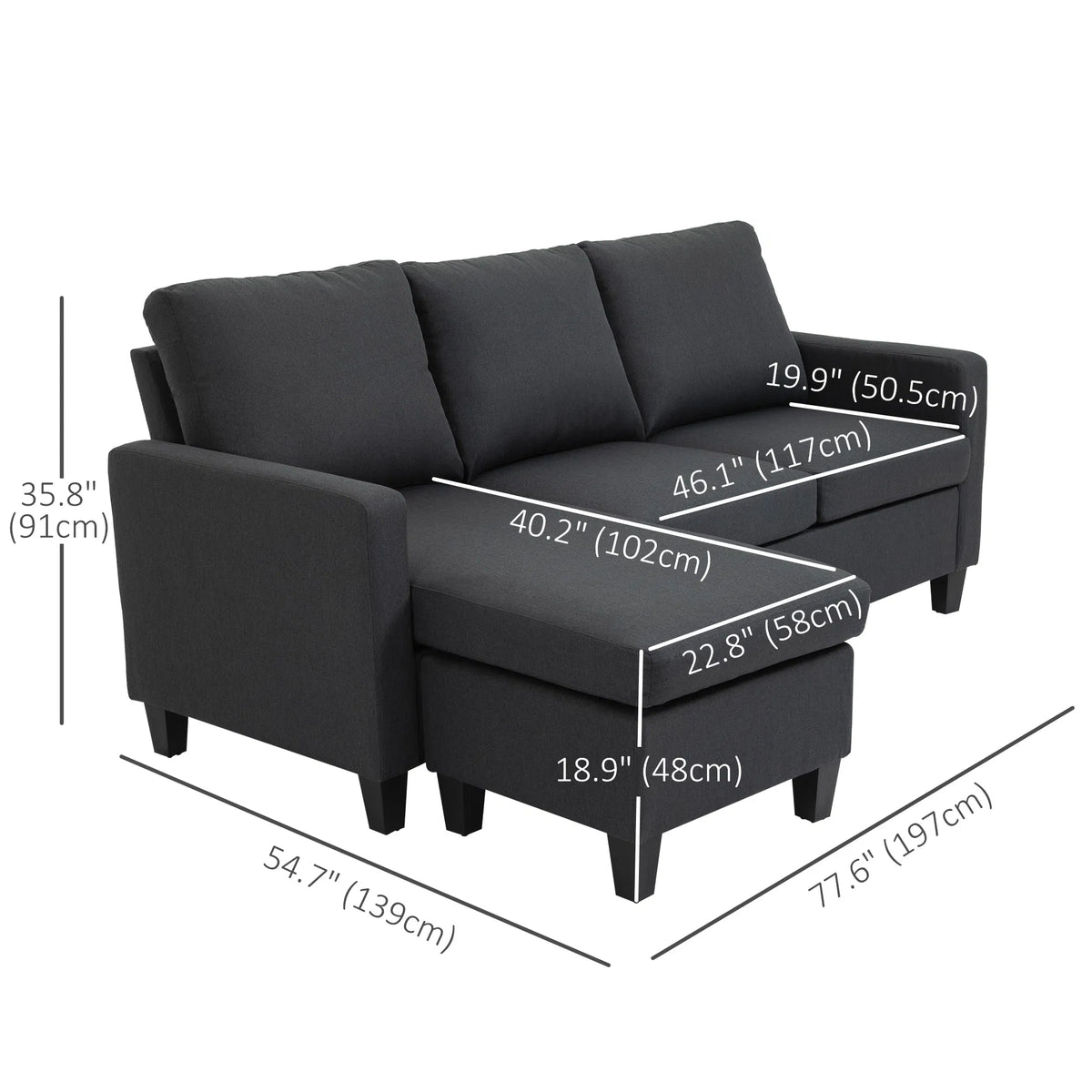 Dark Grey L-Shape Sectional Sofa with Ottoman – Modern Corner Couch for Living Room (United States & Canada Delivery Only)