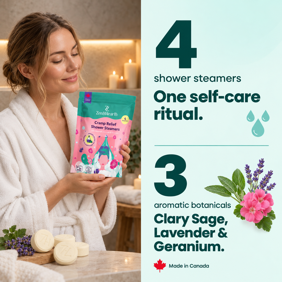 Zen & Hearth Cycle Comfort Shower Steamers – Aromatherapy Self-Care with Clary Sage, Lavender & Geranium for Calming Cycle Day Rituals – Made in Canada