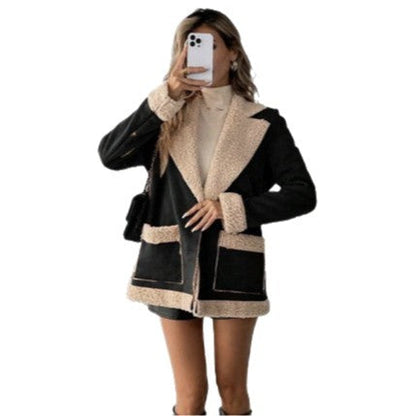 Manteau en suédine et velours côtelé doublé en laine d'agneau pour femme – Veste d'hiver chaude à manches longues