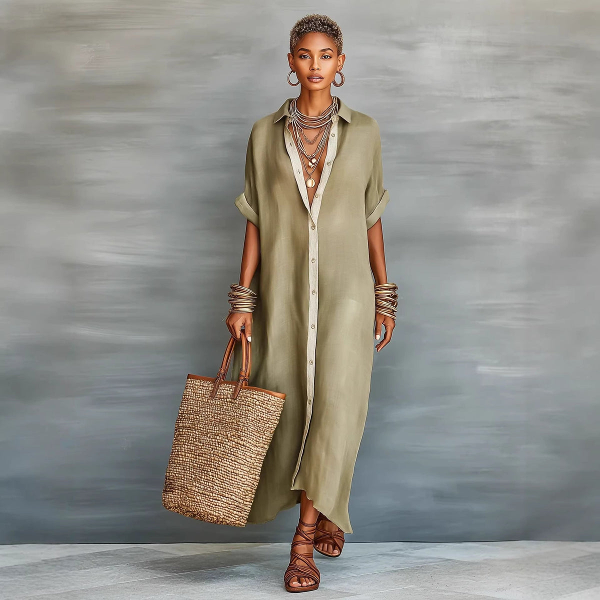 Robe chemisier d'été à manches courtes pour femme – Robe longue à col à revers et boutonnage à l'avant