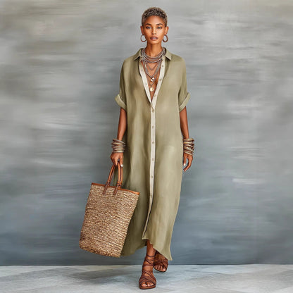 Robe chemisier d'été à manches courtes pour femme – Robe longue à col à revers et boutonnage à l'avant
