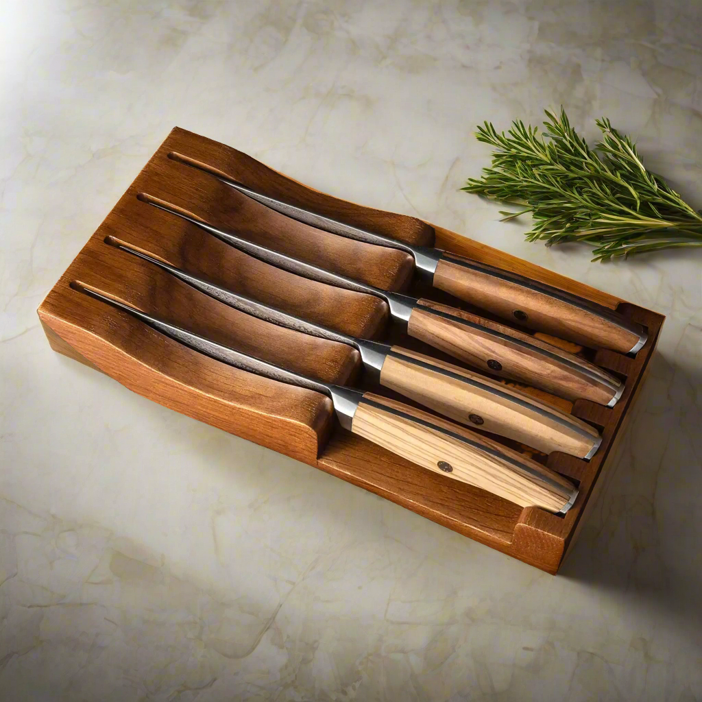 Ginza Steel AMELIA Five – Ensemble de 4 couteaux à steak en acier Damas VG10 avec bloc en bois