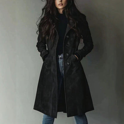 Trench-coat à revers en daim pour femme – Veste mi-longue ceinturée pour l'automne et l'hiver