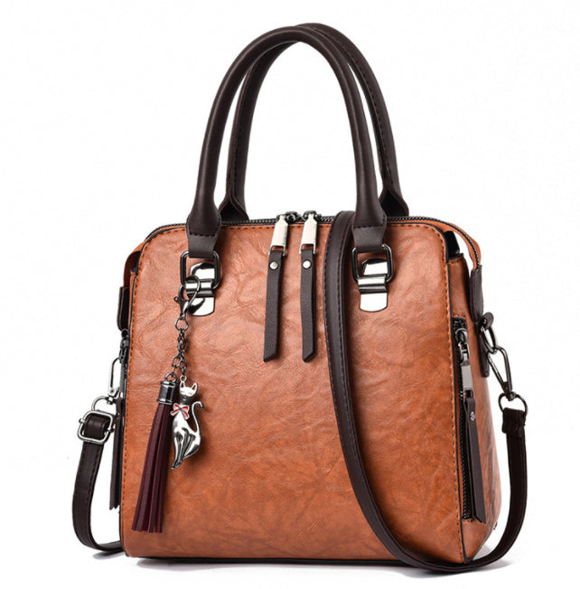 Vintage PU Leather Tassel Handbag for Women, Top-Handle Shoulder Bag