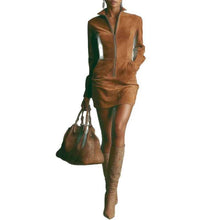 Robe zippée en velours de peau de cerf pour femme - Mini-robe à manches longues