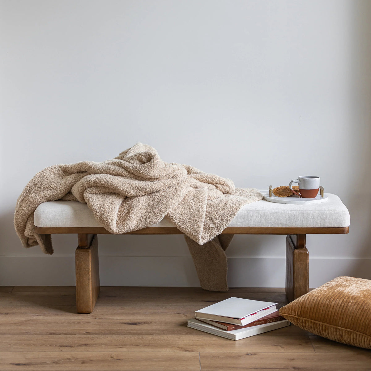 Jeté de lit rallongé imprimé double couche uni beige chamois