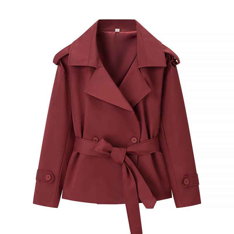 Trench court ceinturé uni pour femme – Veste courte style européen avec nouage à la taille