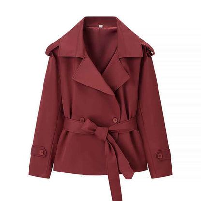 Trench court ceinturé uni pour femme – Veste courte style européen avec nouage à la taille