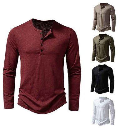 T-shirt Homme Manches Longues Mode Décontracté Couleur Unie Pull Boutonné Haut Vêtements Automne et Printemps