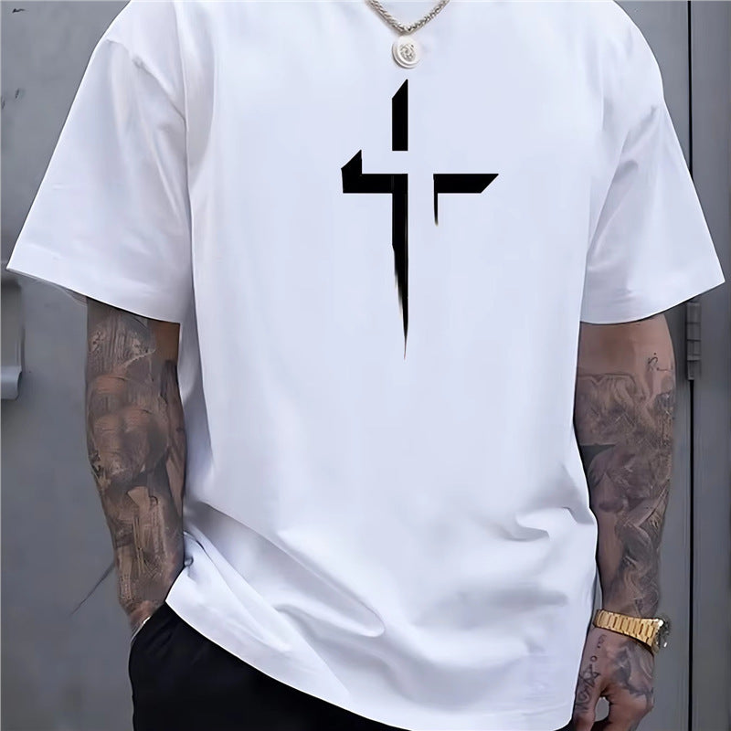 Haut décontracté à manches courtes pour homme, style streetwear, coupe ample, imprimé croix, design créatif