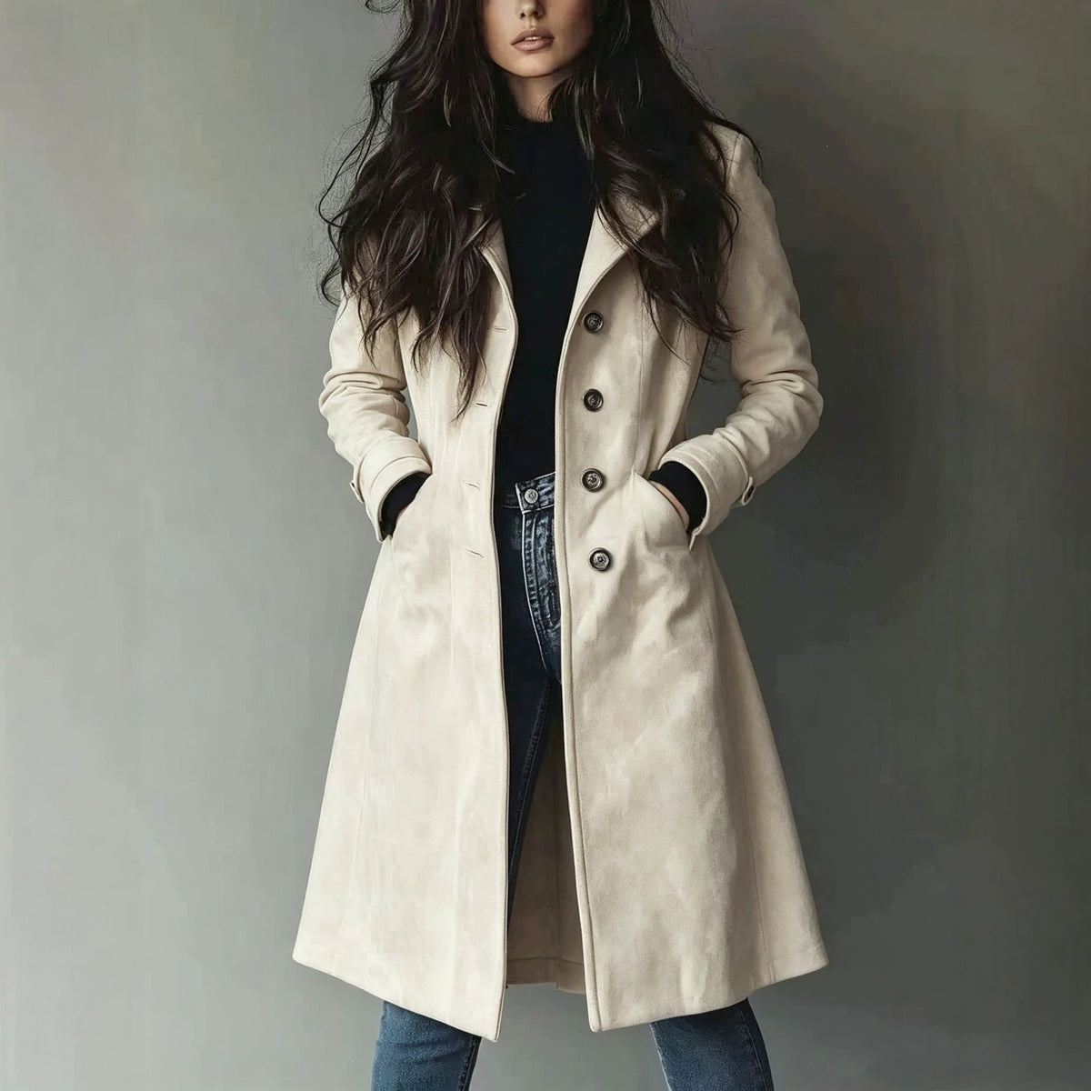 Trench-coat à revers en daim pour femme – Veste mi-longue ceinturée pour l'automne et l'hiver