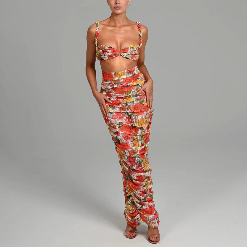 Ensemble deux pièces élégant pour femme – Haut sans manches imprimé et jupe longue plissée