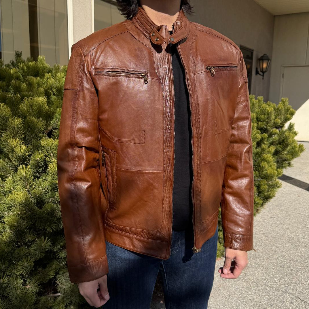 Blouson en cuir de mouton BOL pour homme, style « Cafe Racer » à col pressionné avec 4 poches zippées