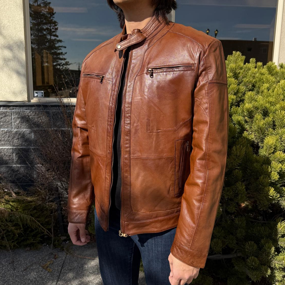 Blouson en cuir de mouton BOL pour homme, style « Cafe Racer » à col pressionné avec 4 poches zippées