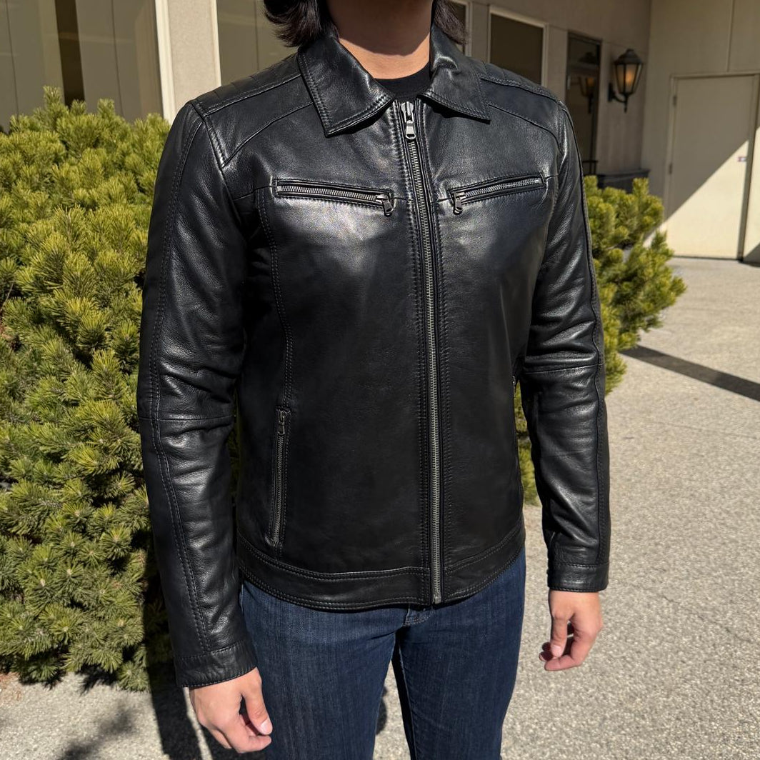 Blouson en cuir pour homme BOL avec poches zippées. Blouson en cuir de mouton avec col rabattable