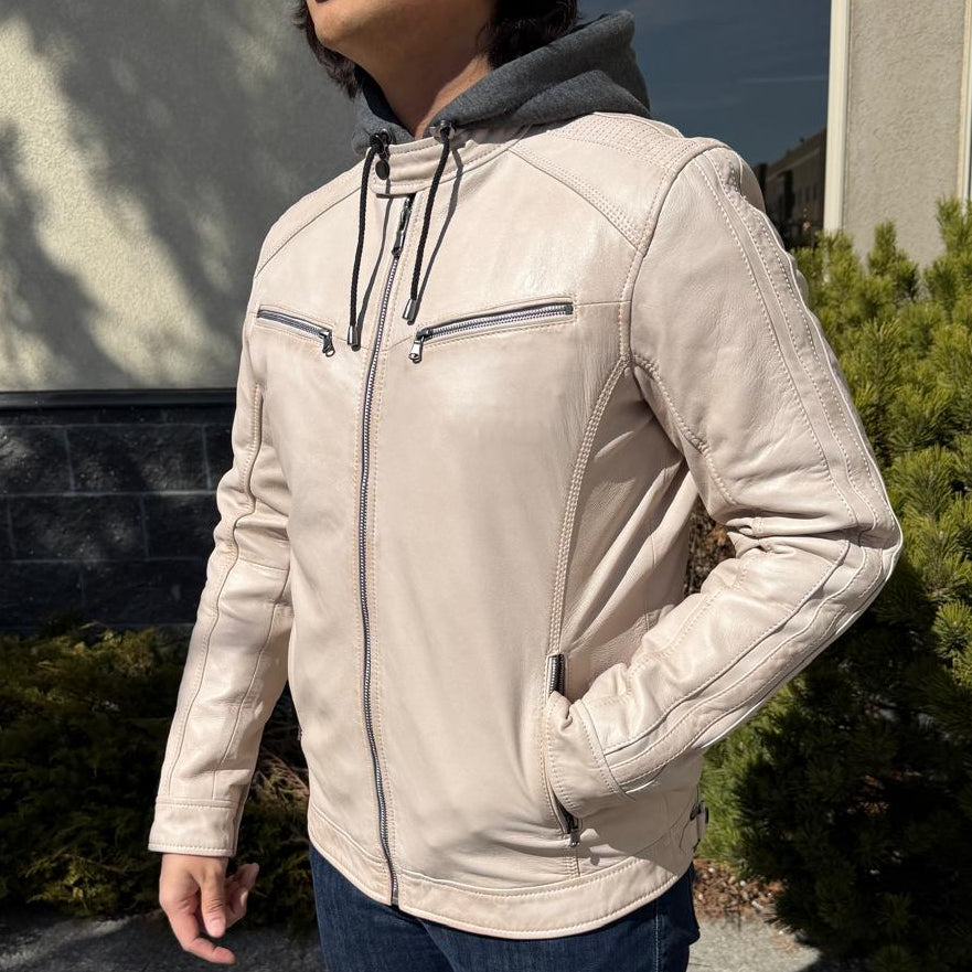 Blouson en cuir à capuche pour homme. Blouson en cuir de mouton avec capuche amovible