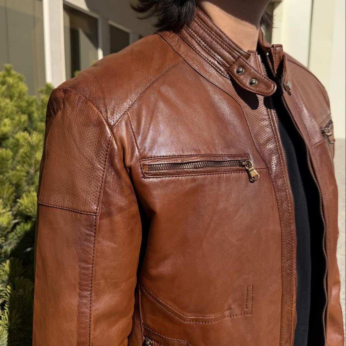 Blouson en cuir de mouton BOL pour homme, style « Cafe Racer » à col pressionné avec 4 poches zippées