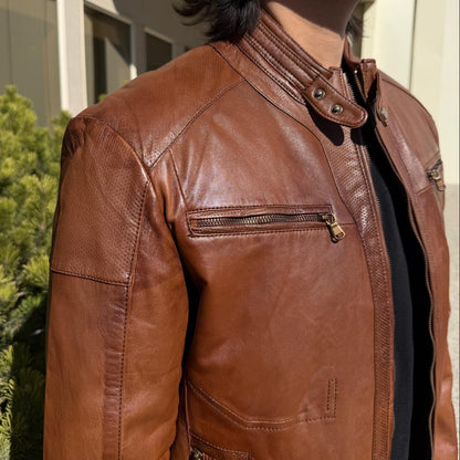 Blouson en cuir de mouton BOL pour homme, style « Cafe Racer » à col pressionné avec 4 poches zippées
