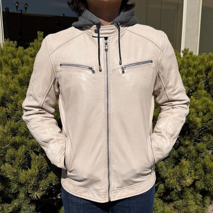 Blouson en cuir à capuche pour homme. Blouson en cuir de mouton avec capuche amovible