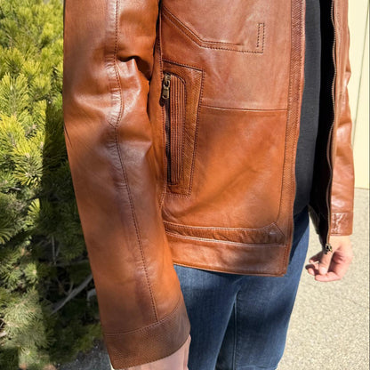Blouson en cuir de mouton BOL pour homme, style « Cafe Racer » à col pressionné avec 4 poches zippées