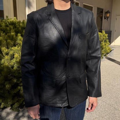 BOL Blazer en cuir noir pour homme. Veste en cuir d'agneau haut de gamme à deux boutons et revers cranté