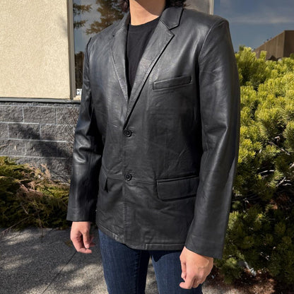 BOL Blazer en cuir noir pour homme. Veste en cuir d'agneau haut de gamme à deux boutons et revers cranté