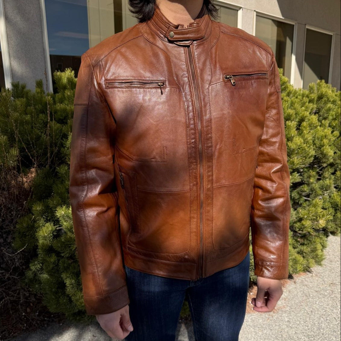 Blouson en cuir de mouton BOL pour homme, style « Cafe Racer » à col pressionné avec 4 poches zippées